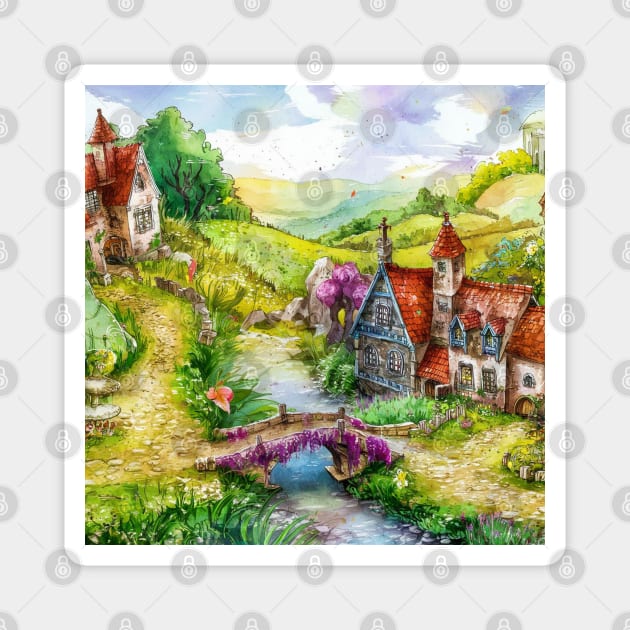 An Pencil and Watercolour Illustration of A Small Street Village Magnet by Tiny Monarch Designs JA