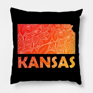 Colorful mandala art map of Kansas with text in red and orange Pillow