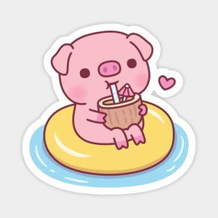 Cute Piggy Chilling On Pool Float And Drinking Coconut Water Magnet