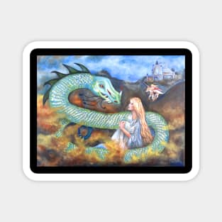 Dragon serpent and maiden warrior woman Magnet