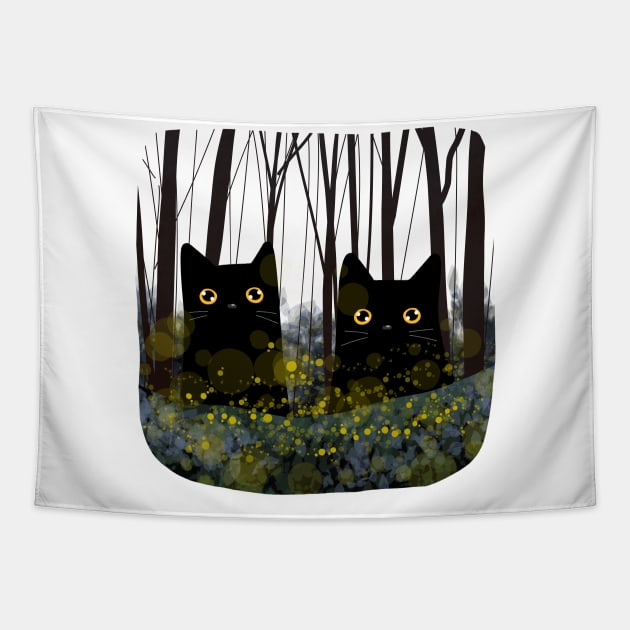 Black Cats and Fireflies Tapestry by KilkennyCat Art