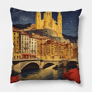 Bilbao Starry Night Spain Travel Tourism Retro Vintage Pillow