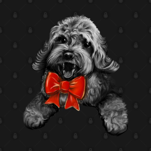 Cute Cavapoo Cavoodle puppy dog with red bow  - Monochrome cavalier king charles spaniel poodle, puppy love by Artonmytee