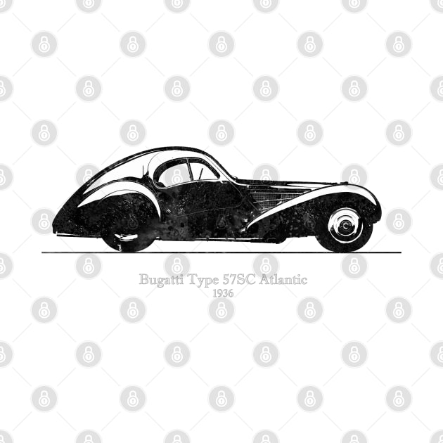 Bugatti Type 57 SC Atlantic 1936 - Black and White 02 by SPJE Illustration Photography