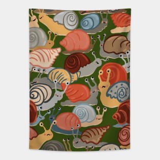 Snail Trail - repeat pattern of funny snails on dark green Tapestry