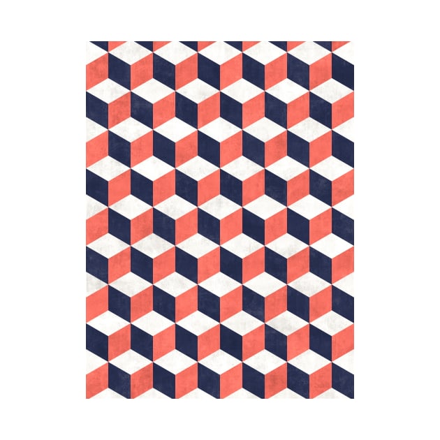 Geometric Cube Pattern - Coral, White, Blue Concrete by ZoltanRatko