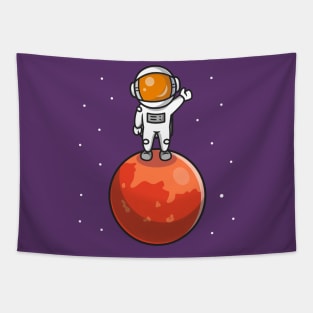 Cute Astronaut Standing On Planet Cartoon Tapestry