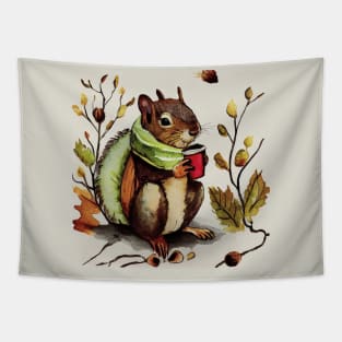 Squirrel Drinking Hot Drink / Autumn Moods Tapestry