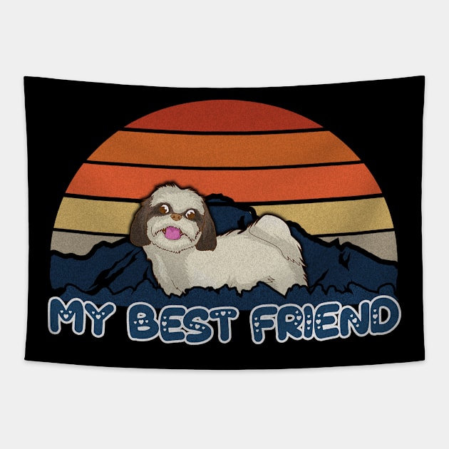 My Best Friend Shih Tzu Striped Sunset Mountain Background Design - Gift for Shih Tzu Lovers Tapestry by HarrietsDogGifts