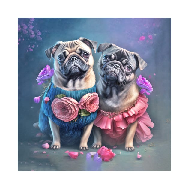 Pug Dogs in Blue and Pink Flowers by candiscamera