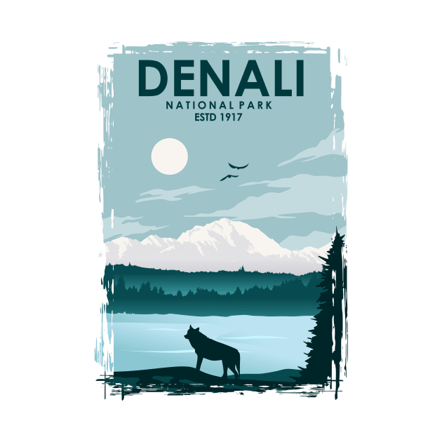 Denali National Park print vintage minimalistic travel and tourism art poster by jornvanhezik