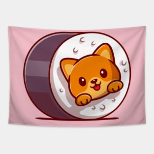 Cute Cat Sushi Cartoon Illustration Tapestry