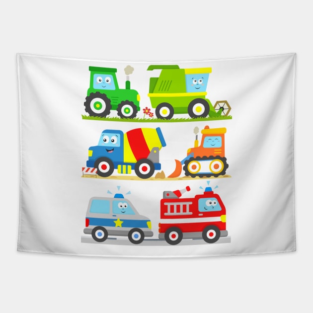 Tractor Harvester Concrete Truck Bulldozer Police Car Firetruck Tapestry by samshirts