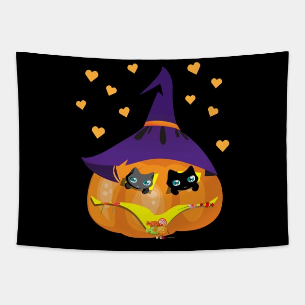 Halloween Black and Gray Cat in a Pumpkin House with Sweets Tapestry by K0tK0tu