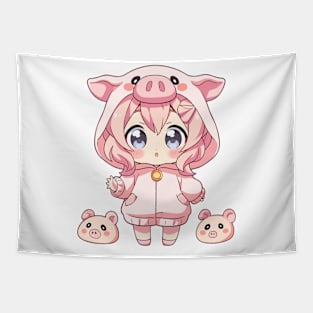 Cute manga girl with little piglets Tapestry