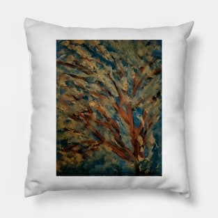 abstract painting of tree with gold leave and copper toned branche with a sky in my favorite colors Pillow