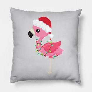 Christmas Flamingo, Santa Hat, Christmas Lights Pillow