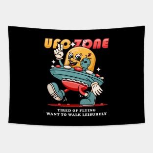Ufo Zone, a cartoon alien mascot carrying a leisurely walking ufo Tapestry