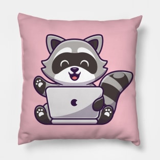 Cute Raccoon Working On Laptop Pillow