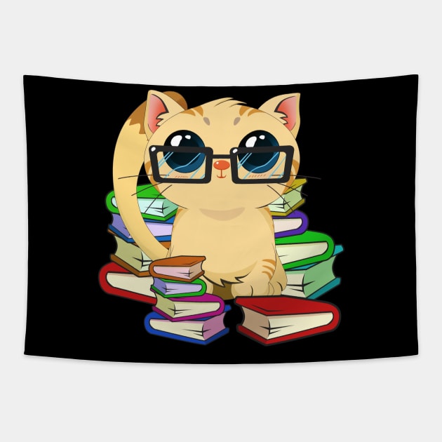 Chibi Anime Cat Book Lover Tapestry by TheBeardComic