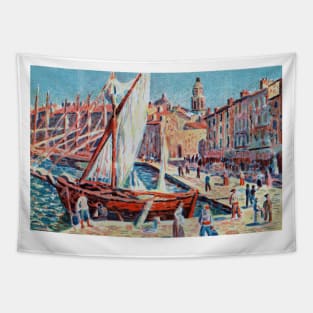 Saint-Tropez Waterfront With Sailboat, Maximilien Luce 1897 Tapestry