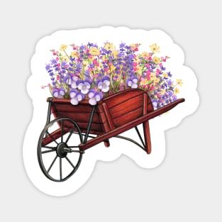 BEAUTIFUL BUNCHES OF VIOLET AND YELLOW SPRING FLOWERS IN WHEELBARROW Magnet