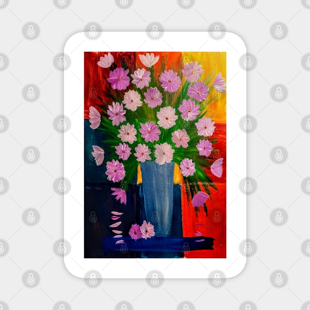 Mixed flowers in blue and silver vase on a colorful tiles background Magnet by kkartwork