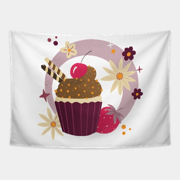 Retro Chocolate Cupcake, Strawberries and flowers Tapestry by Home Cyn Home 