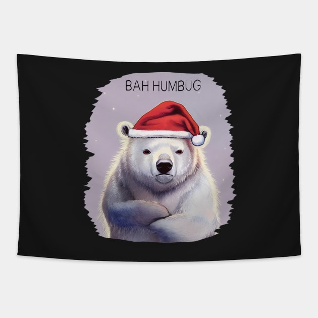 Bah Humbug! Grumpy polar bear in Santa hat Tapestry by Geminiartstudio