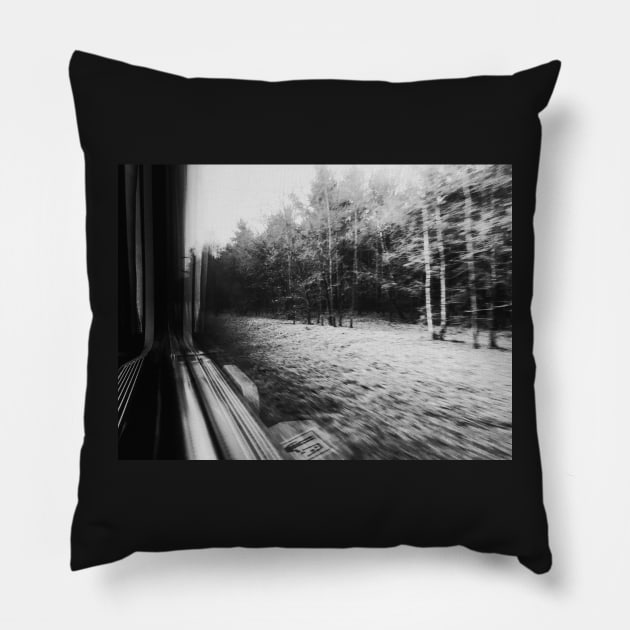 Traveling Fast By Train in Black and White Pillow by visualspectrum