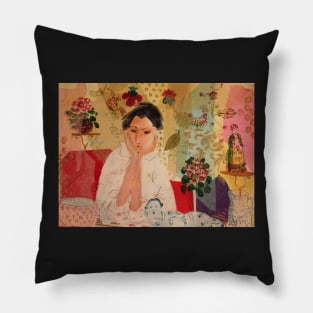 lady with flowers and china Pillow