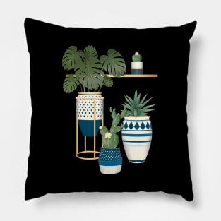 Blue Botanical Plants in White Blue Pots Pillow