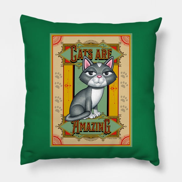 Beautiful Gray White Kitty, Red lettering, Cats are Amazing Pillow by Danny Gordon Art