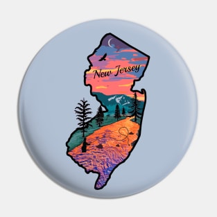 New Jersey State Map Mountain Sunset River Retro Pin