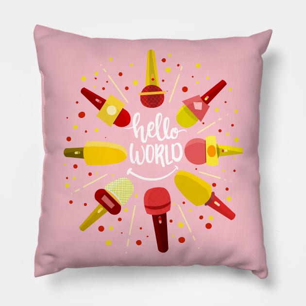 MICROPHONES HELLO WORLD: Design Fun Funny Humor Kids Life Message Reality Statement Teens Youth Pillow by Jake, Chloe & Nate Co.