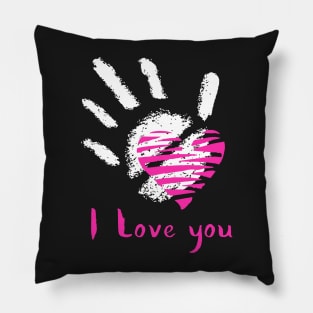 White Handprint and Pink Heart. I Love You Calligraphy Pillow