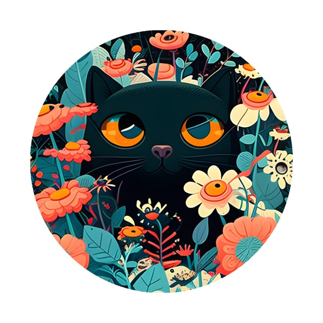 Happy Funny Black Cat In Flowers - Love Cats by WilliamHoraceBatezell