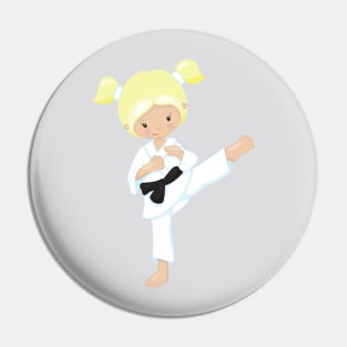 Karate Girl, Cute Girl, Blonde Hair, Black Belt Pin