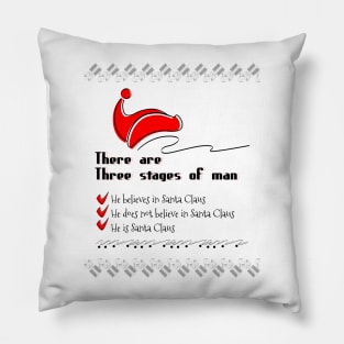 There are three stages of man, he believes in Santa Claus, he does not believe in Santa Claus, he is Santa Claus Pillow