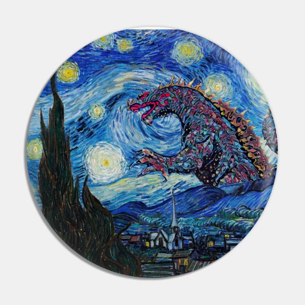 Godzilla in a Starry Night Van Gogh Masterpiece Pin by Teessential