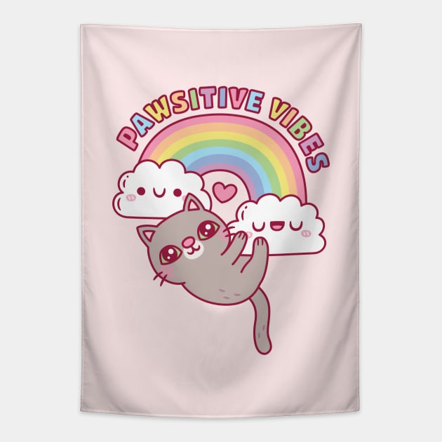 Cute Cat, Rainbow And Clouds, Pawsitive Vibes Tapestry by rustydoodle