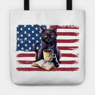 Black cat reading books 4th of july vintage Tote