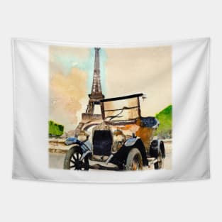 Jalopy in front of Eiffel Tower Tapestry