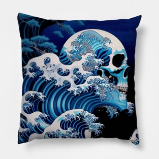 Great Wave with Goth Skull Pillow