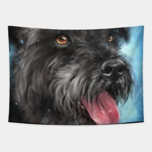 Painting of a Black Schnauzer With Its Tongue Out on Blue Background Tapestry