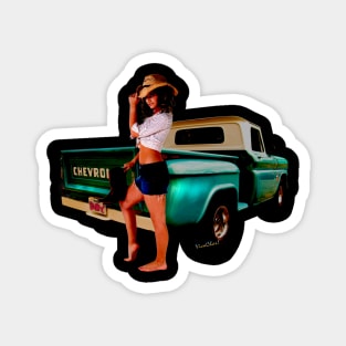 Green Pickup and the Cowgirl in Shorts Magnet