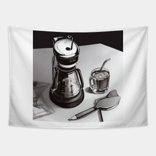 Coffee Vintage Monochrome Pointillism Cups Spoon Tapestry