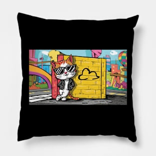 Cool Cat Chronicles: Whimsical Feline in Shades & Leather Jacket Pillow