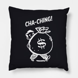 Cha-Ching! Retro Man Reseller with Money Bag - White Pillow