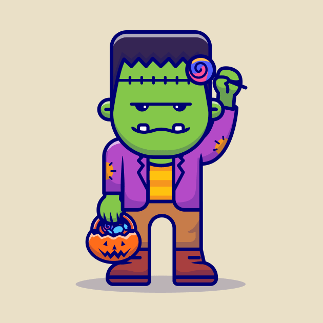 Cute Frankenstein With Candy Lollipop Cartoon by Catalyst Labs